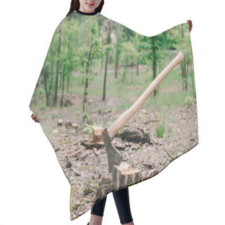 Personality  Sharp, Heavy Ax With Wooden Handle On Wood Stump In Forest Hair Cutting Cape