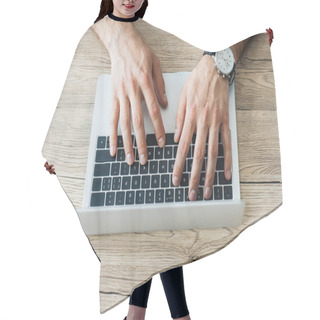 Personality  Close-up Partial View Of Person Typing On Laptop At Wooden Table Hair Cutting Cape