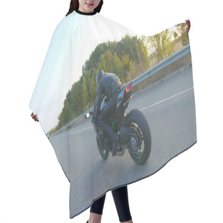 Personality  Camera Moving Around Of Biker Riding On Modern Sport Motorbike At Highway. Motorcyclist Racing His Motorcycle On Country Road At Sunset. Man Driving Bike During Trip. Concept Of Freedom And Adventure. Hair Cutting Cape