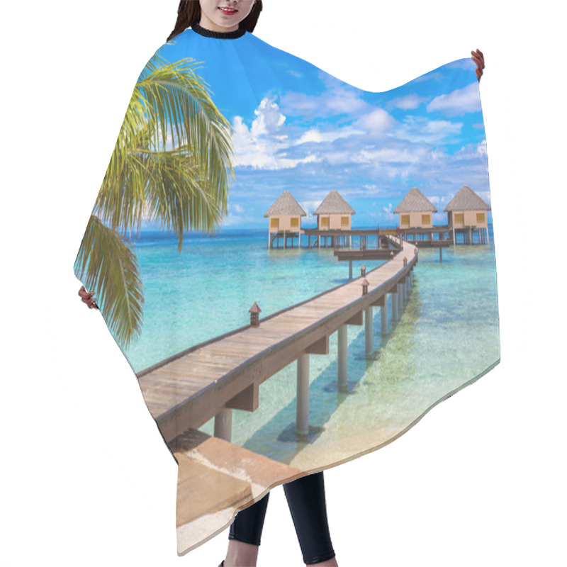 Personality  MALDIVES - JUNE 24, 2018: Water Villas (Bungalows) And Wooden Bridge At Tropical Beach In The Maldives At Summer Day Hair Cutting Cape