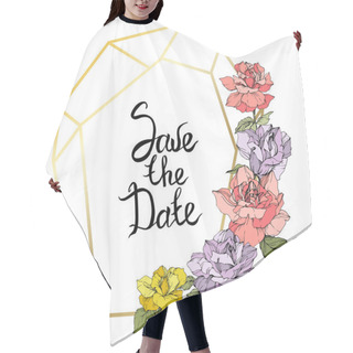 Personality  Vector. Rose Flowers And Golden Crystal Frame. Yellow, Purple And Pink Roses Engraved Ink Art. Geometric Crystal Polyhedron Shape On White Background. Save The Date Handwriting Monogram Calligraphy. Hair Cutting Cape