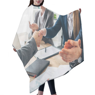 Personality  Cropped View Of Employee Shaking Hands With Recruiter Near Colleagues During Job Interview  Hair Cutting Cape