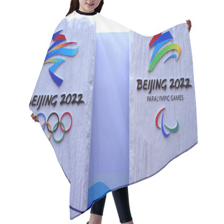 Personality  View Of The Official Emblems Of The Beijing 2022 Olympic And Paralympic Winter Games On Display At The Beijing National Aquatics Center, Also Known As The Water Cube, In Beijing, China, 15 January 2018 Hair Cutting Cape