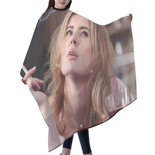 Personality  Portrait Of Pensive Woman With Glass Of Alcohol And Cigarette  Hair Cutting Cape