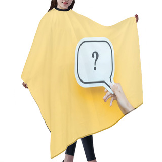 Personality  Cropped View Of Woman Holding Speech Bubble With Black Question Mark On Orange  Hair Cutting Cape