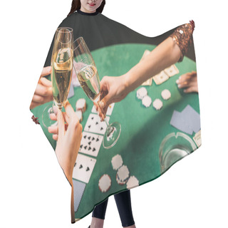 Personality  Cropped Image Of Girls Clinking With Glasses Of Champagne At Poker Table In Casino Hair Cutting Cape