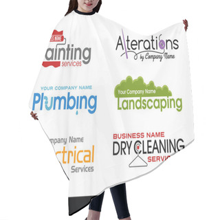 Personality  Set Of Logos Logotypes For Various Services. Plumbing, Electrical, Alterations, Landscaping, Painting And Dry Cleaning. Hair Cutting Cape