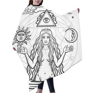 Personality  Set Of Alchemical Symbols: Young Beautiful Woman Holds  Sun And  Moon In Hand. Eve's Image, Fertility, Temptation. Esoteric, Mystic, Occultism. Vector Illustration Isolated On A  Grey Background. Hair Cutting Cape