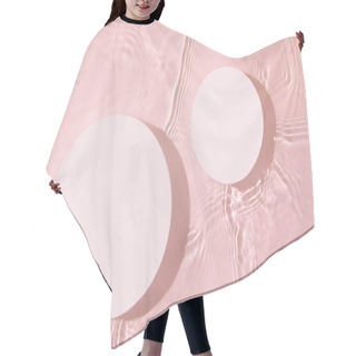 Personality  Two Empty White Circle Podiums On Transparent Pink Water Background Hair Cutting Cape