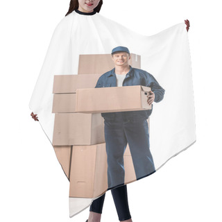 Personality  Handsome Mover In Uniform Carrying Cardboard Box And Looking At Camera Isolated On White Hair Cutting Cape