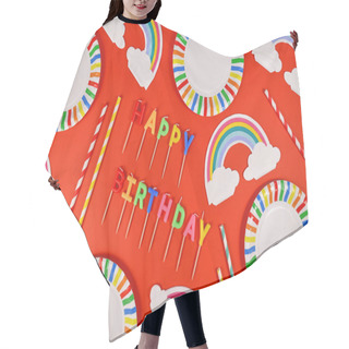 Personality  Birthday Party Flat Lay With Colorful Plates, Rainbow Napkins, Candles And Drinking Straws On Red Background  Hair Cutting Cape