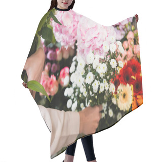 Personality  Cropped View Of Florist Taking Branch Of Chrysanthemums, While Gather Bouquet Near Range Of Flowers On Blurred Background Hair Cutting Cape