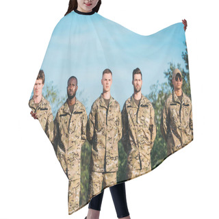 Personality  Portrait Of Multiracial Confident Soldiers In Military Uniform Standing On Range Hair Cutting Cape