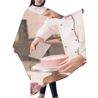 Personality  Focused Confectioner Making Sweet Cake In Restaurant Kitchen Hair Cutting Cape
