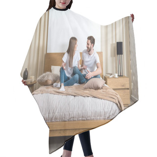 Personality  Smiling Couple Talking And Sitting On Bed In Cozy Modern Bedroom Hair Cutting Cape