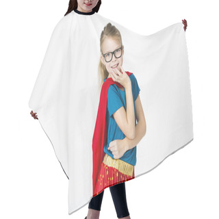 Personality  Blond Supergirl With Glasses And Red Robe Und Blue Shirt Is Posing In The Studio Hair Cutting Cape
