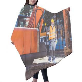 Personality  Construction Worker Posing With Excavator Hair Cutting Cape