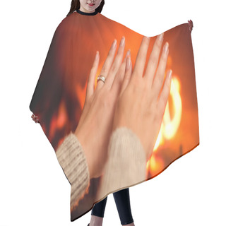 Personality  Closeup Image Of Female Hands Warming By The Fireplace. Feeling Cosy By The Fire At Home Hair Cutting Cape