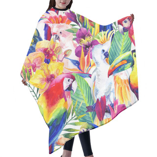 Personality  Watercolor Parrots With Tropical Flowers Seamless Pattern Hair Cutting Cape