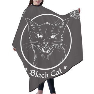 Personality  Hand Drawn Black Cat Head In Frame Over Black Background And Ornate Gothic Design Elements. Wiccan Familiar Spirit, Pagan Witchcraft Theme Vector Illustration. Hair Cutting Cape