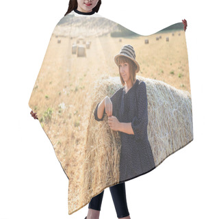 Personality  Beautiful Young Woman Leaning At Hay Bale And Looking At Camera, Provence, France Hair Cutting Cape