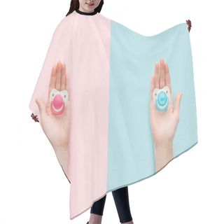 Personality  Partial View Of Women Holding Pacifiers On Blue And Pink Background With Copy Space Hair Cutting Cape