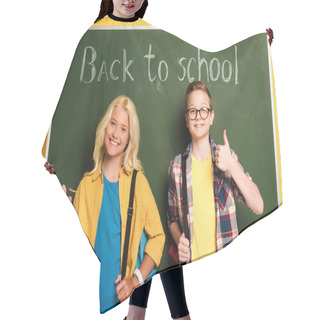 Personality  Smiling Schoolkids Showing Thumbs Up Near Chalkboard With Back To School Lettering  Hair Cutting Cape