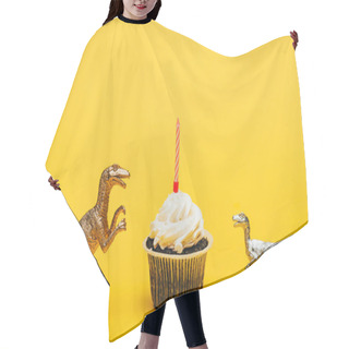 Personality  Toy Dinosaurs Beside Cupcake With Candle On Yellow Background Hair Cutting Cape