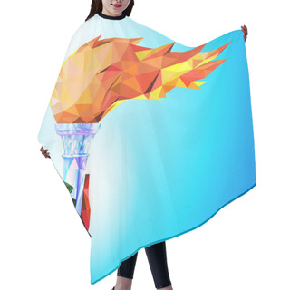 Personality  Torch, Flame.  A Hand From The Olympic Ribbons Holds The Cup With A Torch On A Blue Background In A Geometric Triangle Of XXIII Style Winter Games.  Hair Cutting Cape