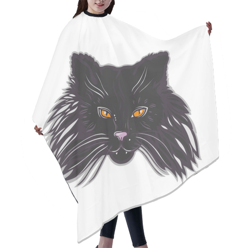 Personality  Portrait Of A Black Cat With Yellow Eyes. Print With The Animal. Vector Illustration. Hair Cutting Cape