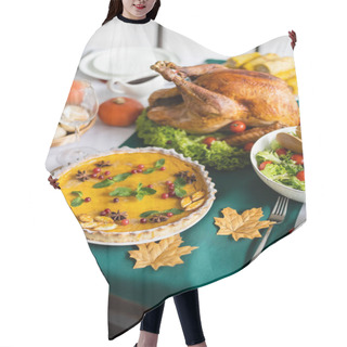 Personality  Traditional Pumpkin Pie With Cranberries Near Roasted Turkey And Fresh Vegetable Salad Hair Cutting Cape