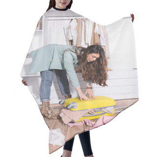 Personality  Young Woman Pressing Suitcase With Clothes In Wardrobe   Hair Cutting Cape