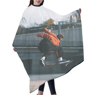 Personality  Skateboarder In Red Jacket Performing Jump Trick In Urban Location Hair Cutting Cape