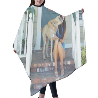 Personality  Young Woman Sitting On Porch With Her Dog Hair Cutting Cape
