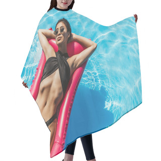 Personality  Top View Of Asian Girl In Swimsuit And Sunglasses Sunbathing On Inflatable Mattress In Water Hair Cutting Cape