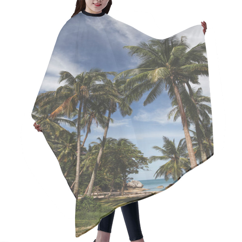 Personality  Palm Trees On Tropical Coast With Ocean On Background Hair Cutting Cape