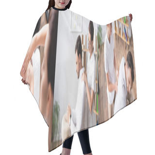 Personality  Collage Of Masseuse Doing Seated Massage Of Businessman In Office, Banner Hair Cutting Cape