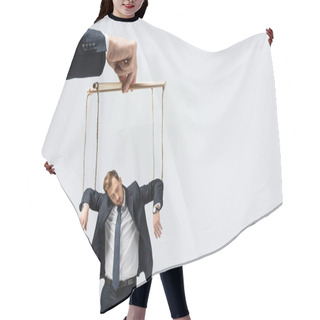 Personality  Cropped View Of Puppeteer Holding Businessman Marionette On Strings Isolated On Grey Hair Cutting Cape