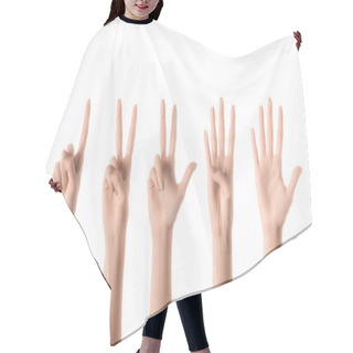 Personality  Collage Of Woman Showing Numbers With Hands Isolated On White Hair Cutting Cape
