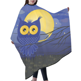 Personality  Blue Owl Cartoon Sits On A Branch Against The Background Of A Full Moon, A Night Sky And Stars Above A Pine Forest Hair Cutting Cape