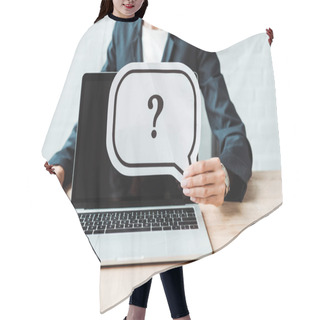 Personality  Cropped View Of Woman Holding Speech Bubble With Question Mark Near Laptop Hair Cutting Cape