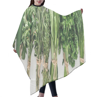Personality  Top View Of Various Green Herbs On White Wooden Table, Panoramic Shot Hair Cutting Cape