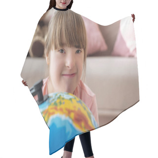 Personality  Kid With Down Syndrome Looking At Camera Over Globe Hair Cutting Cape