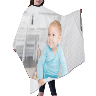 Personality  Cute Toddler Boy Standing Near Bed And Smiling In Apartment Hair Cutting Cape