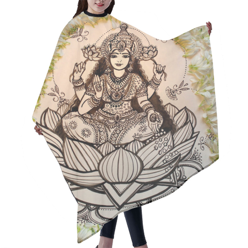 Personality  Goddess Lakshmi, Drawing With Ink Of The Goddess Lakshmi On A Lotus Flower, India, Diwali Holiday Hair Cutting Cape