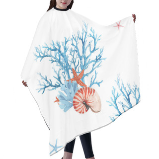 Personality  Beautiful Seamless Underwater Pattern With Watercolor Sea Life Coral Shell And Starfish. Stock Illustration. Hair Cutting Cape