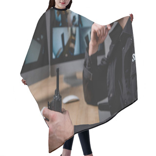 Personality  Cropped View Of Guard In Uniform Holding Walkie-talkie  Hair Cutting Cape