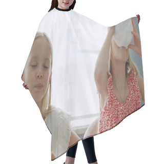 Personality  Two Children Eat Healthy Breakfast Hair Cutting Cape