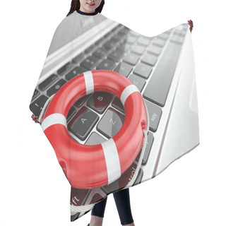 Personality  Support. Laptop And Life Preserver For First Help. Hair Cutting Cape
