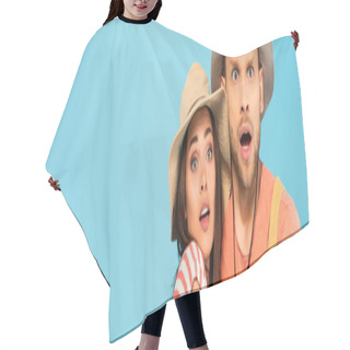 Personality  Panoramic Shot Of Shocked Couple In Hats Isolated On Blue  Hair Cutting Cape